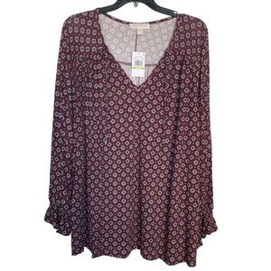 Michael by Michael Kors Burgundy Geometric Print V-Neck Long Sleeve Top sz 4X